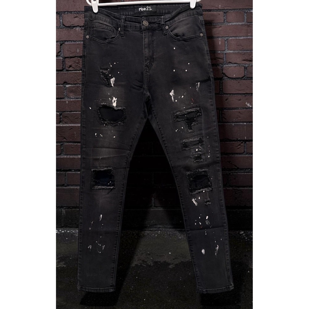Rue21 Black Premium Jeans Mens Supreme Flex Ink Splatter Distressed Sz 34